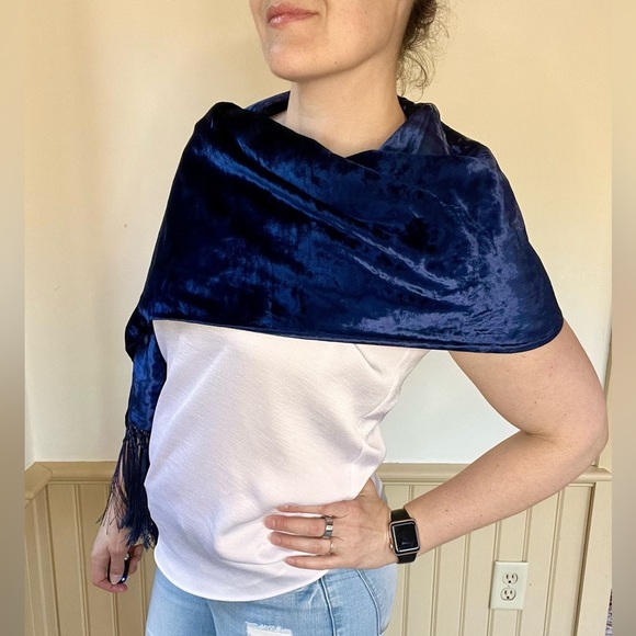YSL Yves Saint Laurent Rive Gauche Paris Vintage Velvet Scarf 66”x12” Blue - Picture 1 of 10